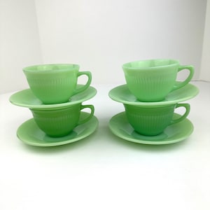 Midcentury Fire King Jane Ray Set of 4 Cups and Saucers - 1 Cup is Late 1940’s