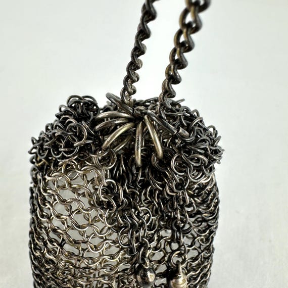 Antique Silver Mesh Chatelaine Purse - Drawstring… - image 5