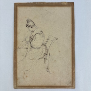 Antique Etching of Seated Woman Sewing