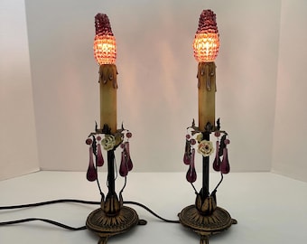 Pair of Vintage Table Lamps with Amethyst Drops and Czech Bead Covers