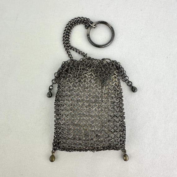 Antique Silver Mesh Chatelaine Purse - Drawstring… - image 2