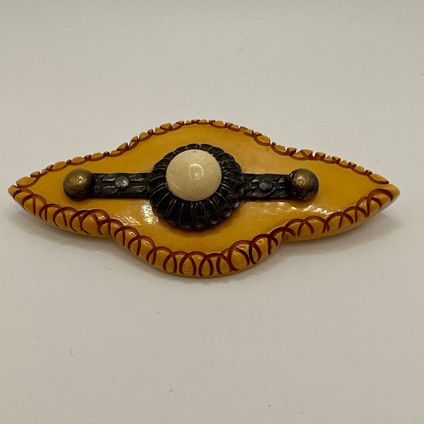 Butterscotch Carved Bakelite Pin Brooch with Metal Accents