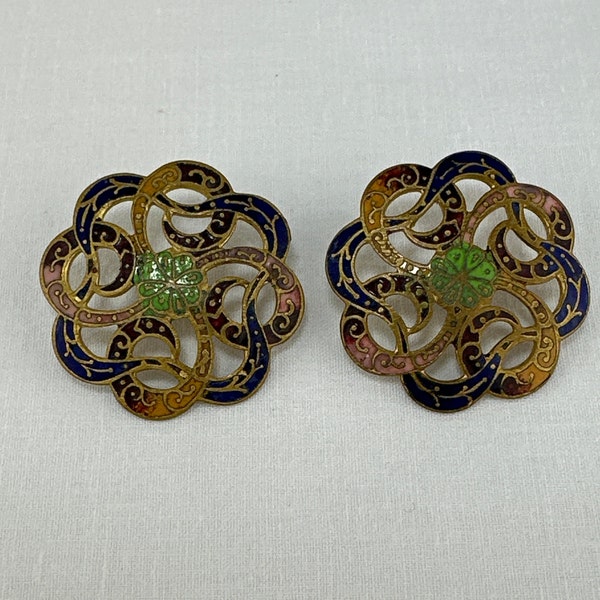 2 Vintage Champleve Enamel Buttons with Metal Shanks