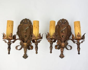 Vintage Art Deco Era Cast Metal Wall Sconces (Pair) - Shield Motif