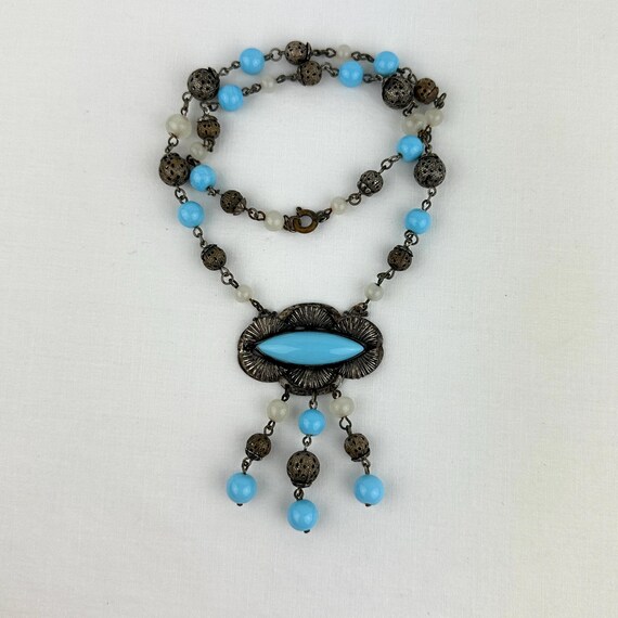 Art Deco Turquoise Glass Pendant Necklace