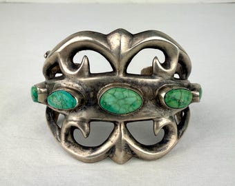 Early Midcentury Navajo Sand Cast Silver & Turquoise Cuff