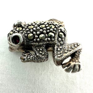 Op de afbeelding: Een zilverkleurige kikkerbroche met een textuurrijk, bobbelig oppervlak ingelegd met talloze kleine, gefacetteerde donkergrijze marcasietstenen en een enkele dieprode steen als oog aan de linkerkant van de kop.
