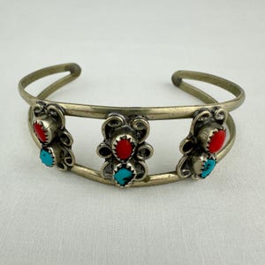 Vintage Silber Ton Koralle Türkis Manschette Armband
