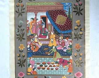 ヴィンテージ ムガル帝国時代の王宮を描いたシルク製細密画（グワッシュ）