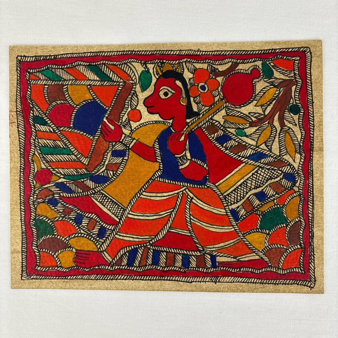 Vintage Madhubani Folk Art Painting of a Woman With Ash Gourd on a ...