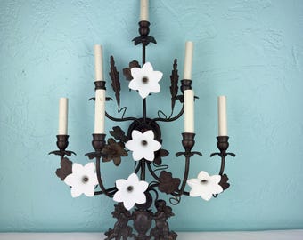 Vintage 7 Light Wrought Iron Wall Sconce with Milk Glass Flowers & Cherub Motif - Matching Sconce Available Separately