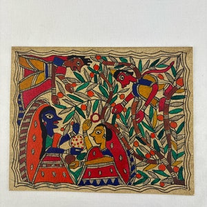 Vintage Madhubani Folk Art Painting of Two Deities and Two women in a Fruit Tree