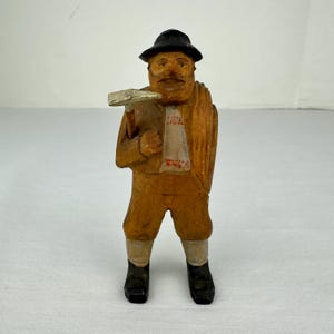 Vintage German Wood Carved Logger Figurine - Hand Painted Folk Art - 3 3/8” Tall