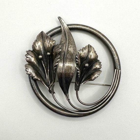 Large Vintage Sterling Silver Circle Brooch with … - image 1