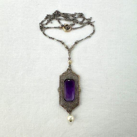 Art Deco 10k Gold Amethyst Pendant Necklace