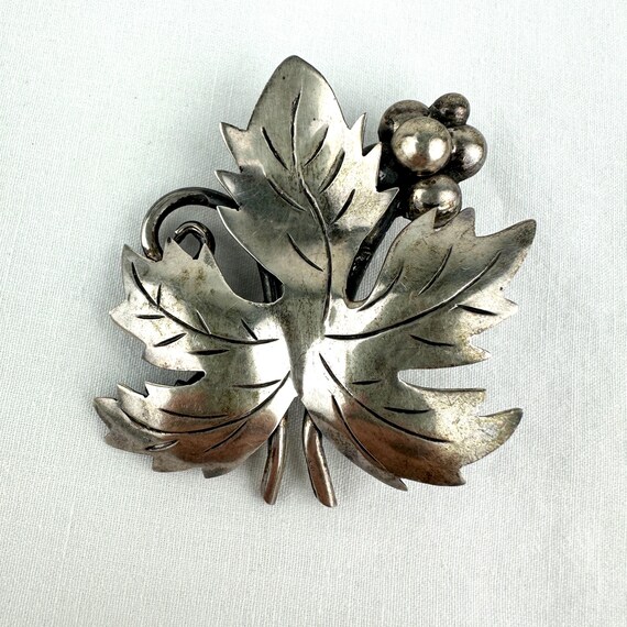 Midcentury Mexican Silver Leaf Brooch Signed CCB