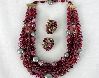 Vintage Lava Glass Aurora Borealis Pink Beaded Necklace and Earring Set