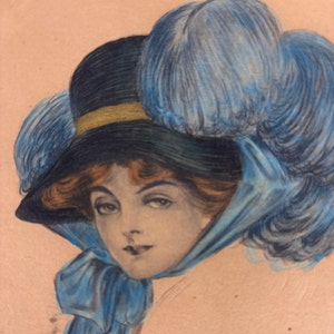 Illustrazione originale di J. Royer, opera d'arte di una donna vittoriana con cappello piumato