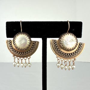 Etruscan Revival 14k Gold Mother of Pearl Earrings with Seed Pearl Drops