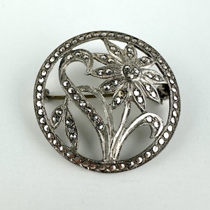 Spilla floreale vintage in argento sterling con marcasite