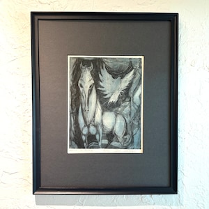 Midcentury Horse and Bird Etching Signed Freed