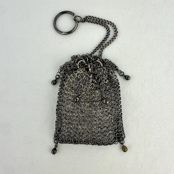 Antique Silver Mesh Chatelaine Purse - Drawstring… - image 1