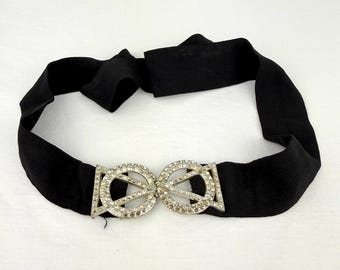 Vintage Art Deco Rhinestone Buckle on Black Cloth Belt - Etsy display picture 2