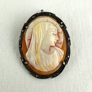 Antique Madonna Sterling Cameo Brooch with Marcasites