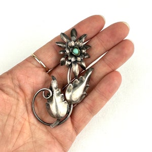 Large Silver Tone Turquoise Flower Brooch