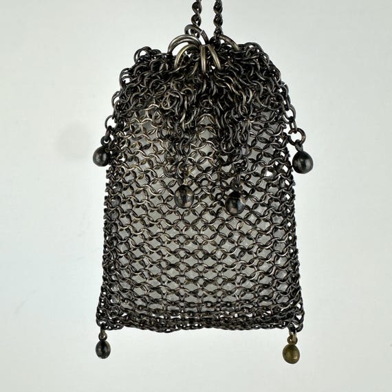 Antique Silver Mesh Chatelaine Purse - Drawstring… - image 3