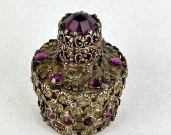 Vintage IRICE Czech Glass Crown Shaped Perfume Bottle Encased in Filligree