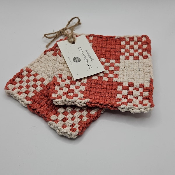 Potholders Handcrafted Loom Woven Cotton, Set of 2, Hot Pads Coasters Trivets, New With Tag & Clear Bag for Gifting, Red and White