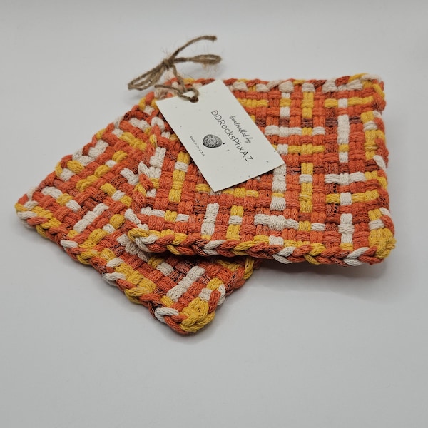 Potholders Handcrafted Loom Woven Cotton, Set of 2, Hot Pads, Coasters, Trivets, New With Tag & Clear Bag for Gifting, Yellow Orange White