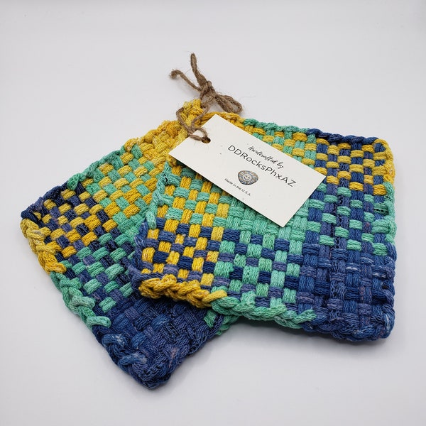 Potholders Handcrafted Loom Woven Cotton Set of 2 Hot Pads Coasters Trivets, New With Tag & Clear Bag for Gifting, Blue Green Yellow
