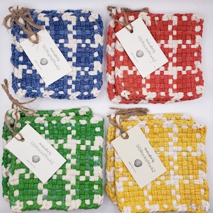 Potholders Handcrafted Loom Woven Cotton, Set of 2, Hot Pads Coasters Trivets, New With Tag & Clear Bag for Gifting, Choose Color Blue White