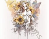 Watercolor Floral Sunflowers and Angel Clip Art, Fall Floral, PNG, Commercial Use