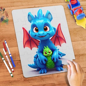 Quebra-cabeça de dragão infantil, dragão azul e verde divertido, quebra-cabeça de 30 peças, jogo de fantasia infantil, presente para amantes de dragões