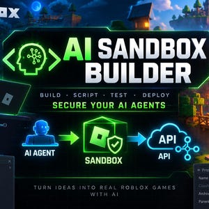 Puede incluir: Un gráfico digital para Roblox AI Sandbox Builder con un personaje con auriculares verdes, fragmentos de código y un diagrama de flujo que muestra un agente de IA, un sandbox y una API. El texto dice Build, Script, Test, Deploy, Secure Your AI Agents.
