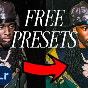 May include: Two images of a person wearing a black hat and a green and black jacket. The person has long dreadlocks. The text "FREE PRESETS" is in large white letters in the middle of the image. An arrow points from the left image to the right image. The left image is darker than the right image. The text "SHOT BY ALL MEDIA" is on the left image. The text "Lr" and "X" are on the bottom left of the image.