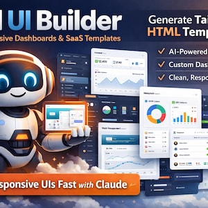 Pode incluir: Uma ilustração que promove o AI UI Builder. Um robô amigável segura um tablet exibindo uma interface do usuário. A imagem inclui painéis de amostra e o texto "Generate Tailwind HTML Templates". O texto também inclui "AI-Powered Designs" e "Clean, Responsive Code".
