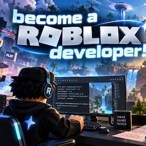 May include: A digital illustration featuring the text become a ROBLOX developer! with a character wearing headphones sitting at a computer desk. The screen displays code, and the desk includes a mug labelled IDEAS GAMES PEOPLE and a tablet with a logo.
