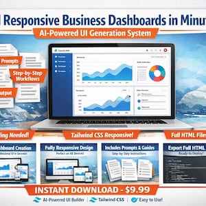 Puede incluir: Una computadora portátil muestra una interfaz de panel de control empresarial con gráficos y gráficos azules y blancos. La imagen promociona un sistema de generación de interfaz de usuario impulsado por IA, destacando características como 'No se necesita codificación' y 'Archivos HTML completos'.