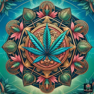 May include: A detailed illustration of a cannabis leaf in shades of teal and blue, centered within a gold and bronze geometric design. The artwork features stylized leaves and floral elements, set against a teal and turquoise background. The image has a symmetrical, mandala-like composition.