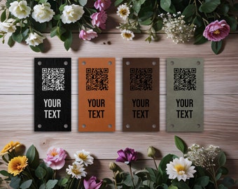 QR Code Leather Labels - Custom Fold Over Leather Tags - Knitting Labels - Crochet Labels - Sewing Labels - Leather Tags with QR Code