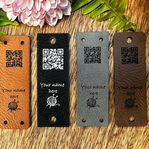 QR Code Leather Labels - .85 x 2.5 inch Leather Tags - Knitting Labels - Crochet Labels - Sewing Labels - Clothing Tags - Personalized Tags