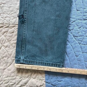 Puede incluir: Una pernera de pantal&oacute;n vaquero de color verde azulado con una peque&ntilde;a zona deshilachada cerca de la costura lateral. Una regla de madera est&aacute; colocada a lo largo del dobladillo inferior, mostrando una anchura de unos 28 cm.