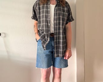 1990s Cambridge Classics black linen/cotton plaid shirt
