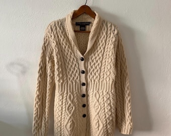 Inis Crafts Irish merino wool shawl collar fisherman cardigan ~ Approx. women's medium