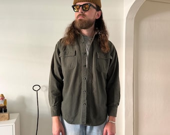 1990s L.L. Bean style slant pocket green chamois cloth overshirt