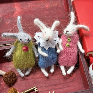 May include: Three small knitted rabbit figurines inside a dark red wooden box. The left rabbit wears a green sweater with a pink button, the center rabbit has a white lace collar and blue sweater, and the right rabbit wears a pink sweater with two green buttons. Two brown felted mushrooms and a gold metal key are also inside.